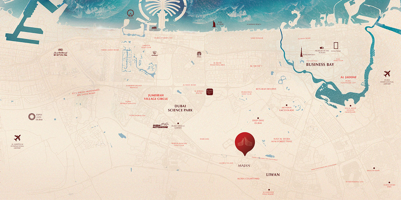 Binghatti Skyflame at Majan, Dubai Location Image
